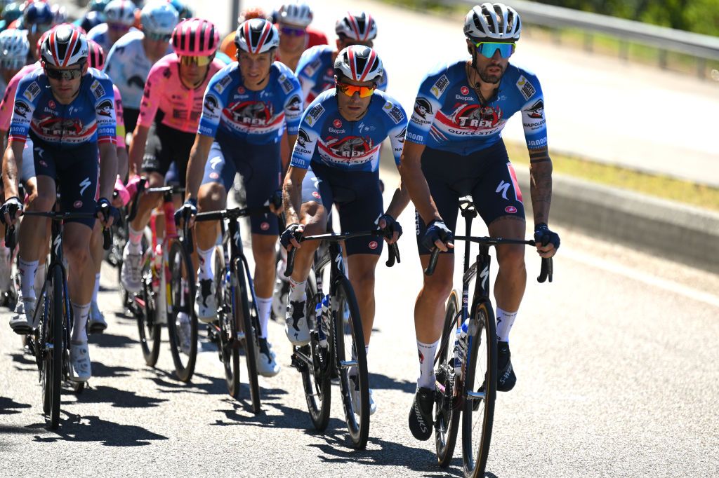 OUREM PORTUGAL AUGUST 18 LR Mikel Landa of Spain and Mattia Cattaneo of Italy and Team TRex Quick Step compete during the 79th La Vuelta Ciclista a Espana 2024 Stage 2 a 194km stage from Cascais to Ourem UCIWT on August 18 2024 in Ourem Portugal Photo by Tim de WaeleGetty Images