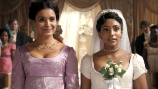 mary sharma and edwina sharma walking down the aisle in bridgerton season 2 on netflix