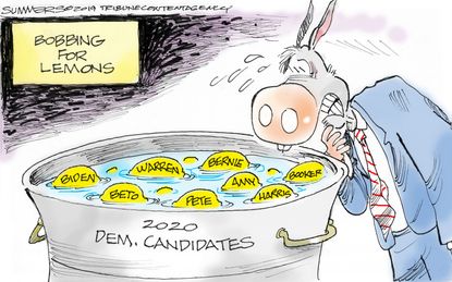 Political Cartoon U.S. Democrats Bobbing For Candidates 2020