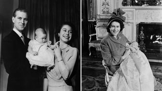 L-Prince Philip and Queen Elizabeth with Prince Charles, R- Elizabeth holds a young Prince Charles