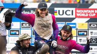 Amaury Pierron and Thibaut Dapréla celebrating a World Cup win in Fort William