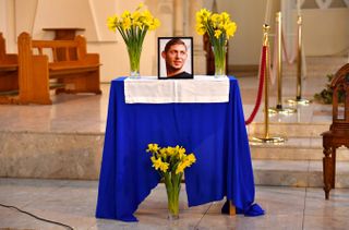 A portrait of Emiliano Sala is displayed at the front of St David’s Cathedral, Cardiff.