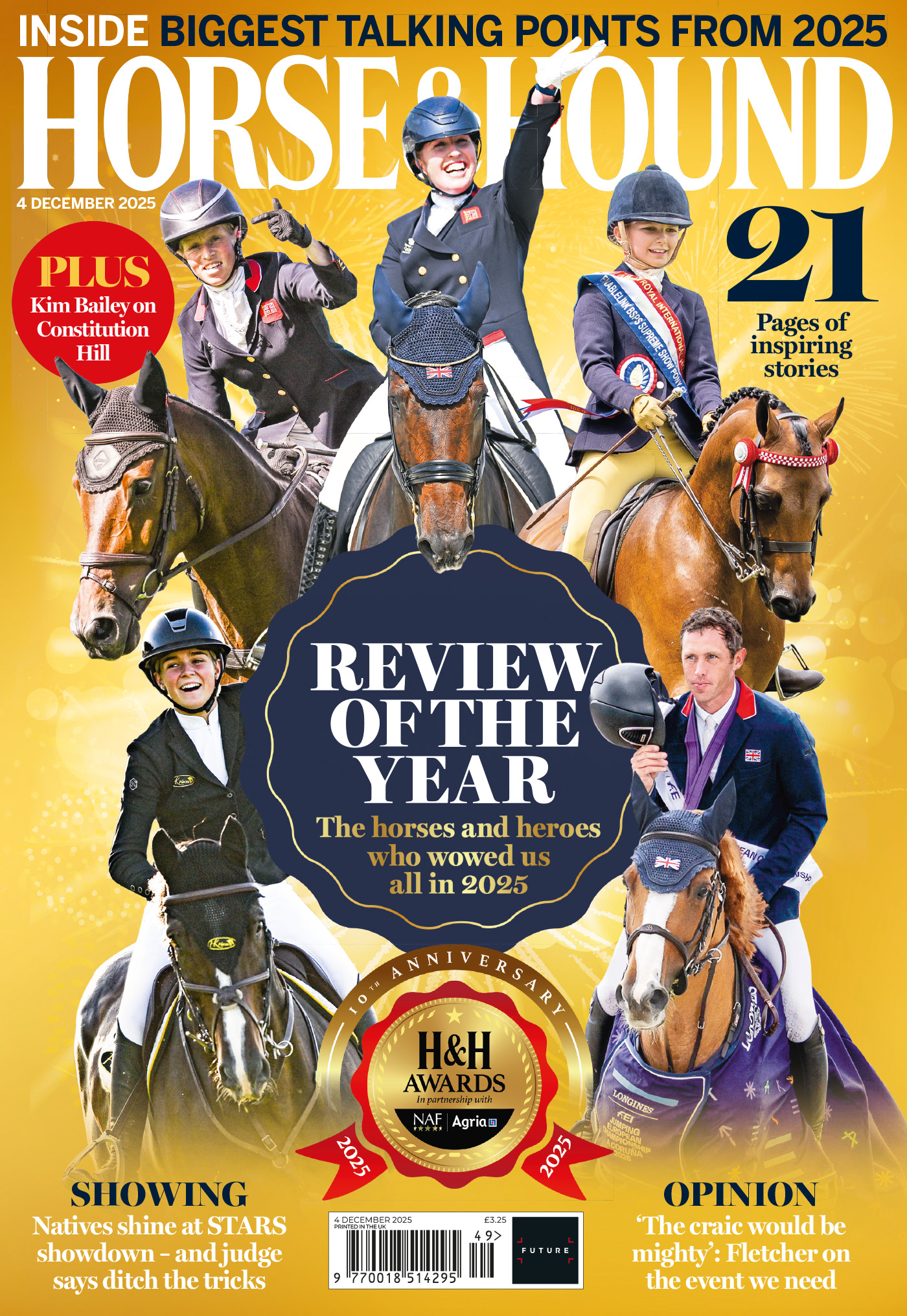 Cover of Horse &amp; Hound 4 December edition, gold background with a 'Review of the year' roundel and actions shots of five horses and riders