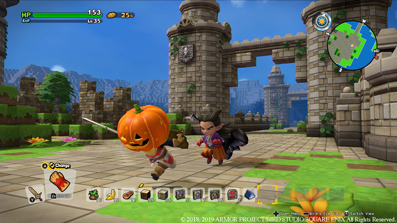 Dragon Quest Builders 2 screenshot showing characters running past a castle