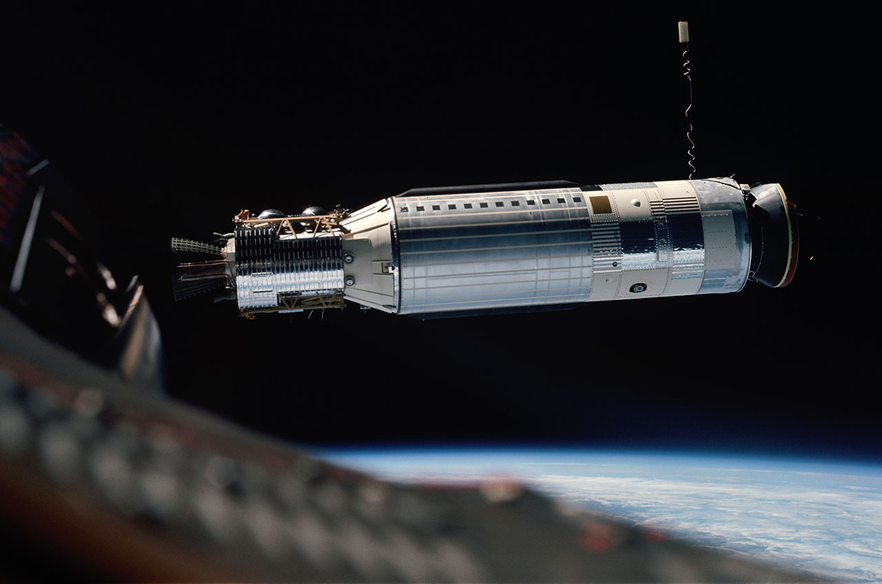 Lockheed's Agena docking target vehicle, as developed in part by Mary Golda Ross, seen from the Gemini 8 spacecraft.