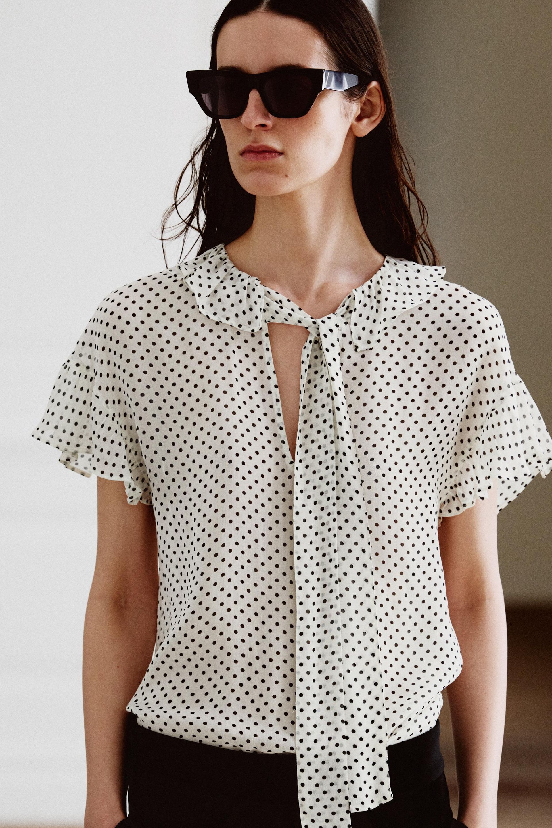 Zw Collection Polka Dot Blouse With Ties