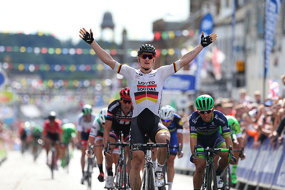 Andre Greipel (Lotto Soudal) posts a victory salute at Tour of Britain stage 1