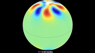 A diagram showing a green sun (due to a filter) and red and blue alternating splotches at the sun's north pole.