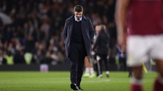 Steven Gerrard, then head coach of Aston Villa, leaves the pitch following the Premier League match between Fulham and Aston Villa on 20 October, 2022 at Craven Cottage, London, United Kingdom