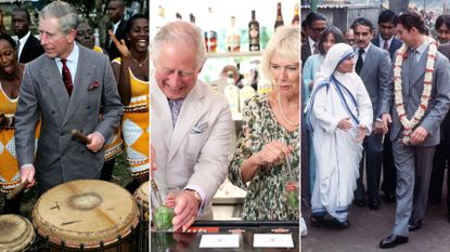 King Charles on royal tours throughout the years - from left, playing the drums, making cocktails with Camilla, and meeting Mother Teresa