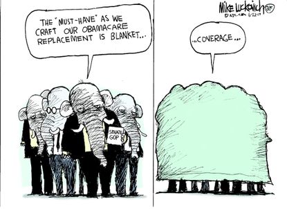 Political cartoon U.S. GOP health care reform AHCA blanket coverage