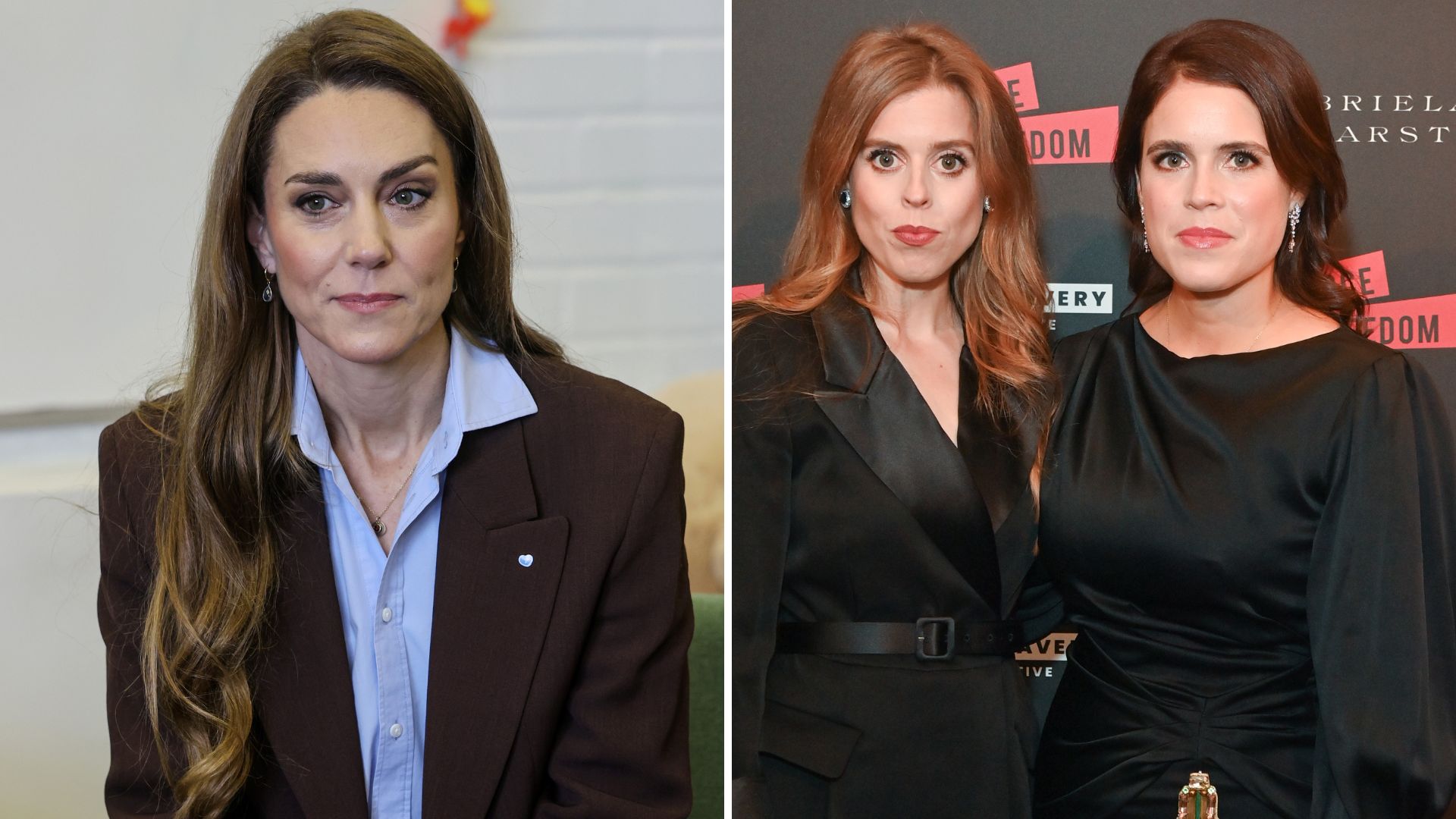 A composite of a picture of Kate Middleton and a picture of Princesses Eugenie and Beatrice