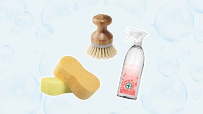 Cleaning products on blue pastel background
