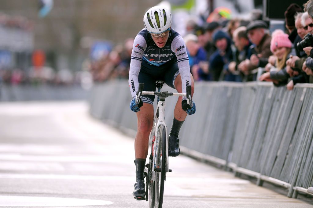 NINOVE BELGIUM FEBRUARY 29 Arrival Ellen Van Dijk of The Netherlands and Team Trek Segafredo during the 75th Omloop Het Nieuwsblad 2020 Women Race a 1229km race from Ghent to Ninove OmloopHNB OHN20 OHNwomen on February 29 2020 in Ninove Belgium Photo by Luc ClaessenGetty Images