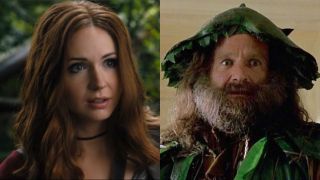 Karen Gillan and Robin Williams, each in their respective Jumanji movies