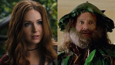 Karen Gillan and Robin Williams, each in their respective Jumanji movies