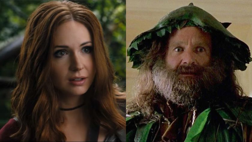 Karen Gillan and Robin Williams, each in their respective Jumanji movies