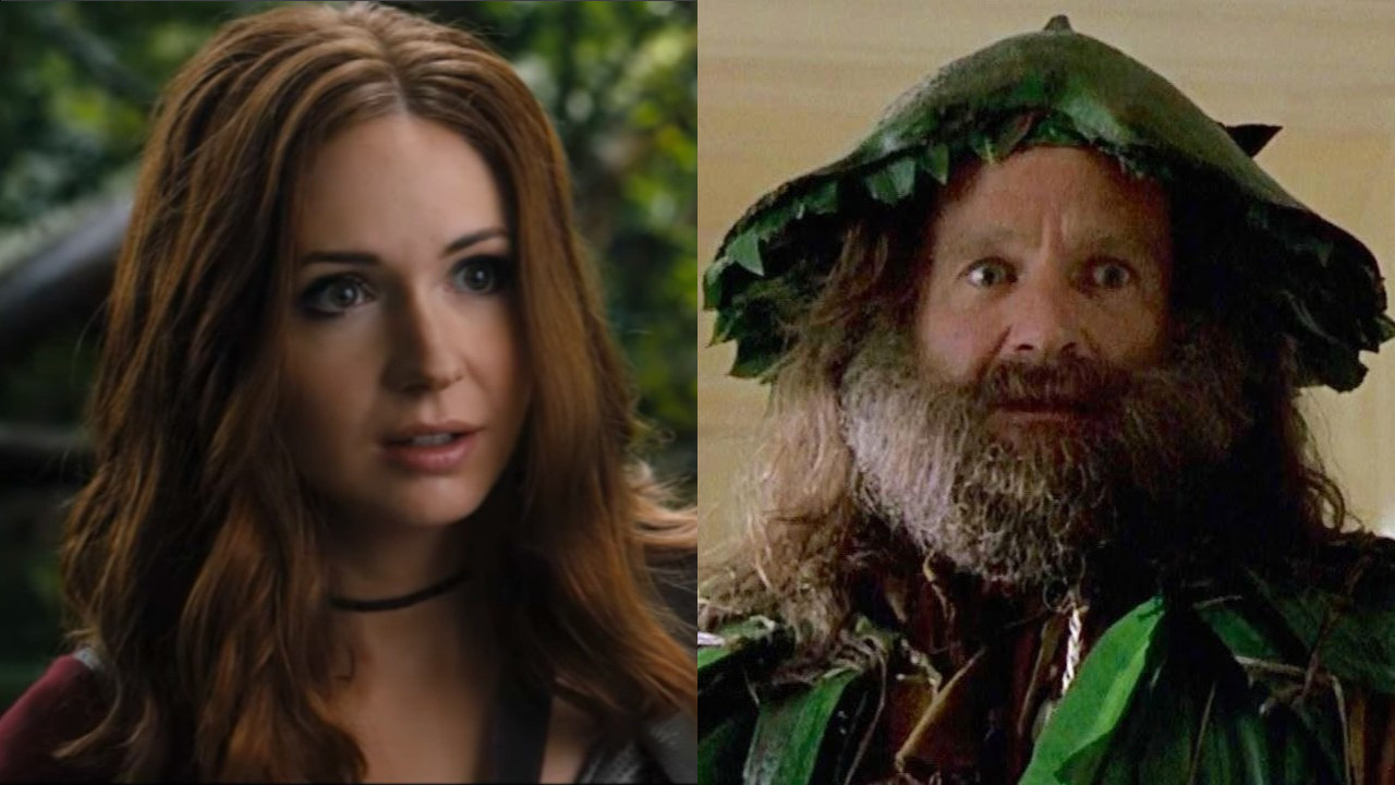 Karen Gillan and Robin Williams, each in their respective Jumanji movies