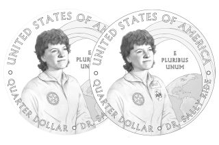 Side-by-side comparison of artist Elana Hagler's original artwork for the Sally Ride quarter and the revised official design.