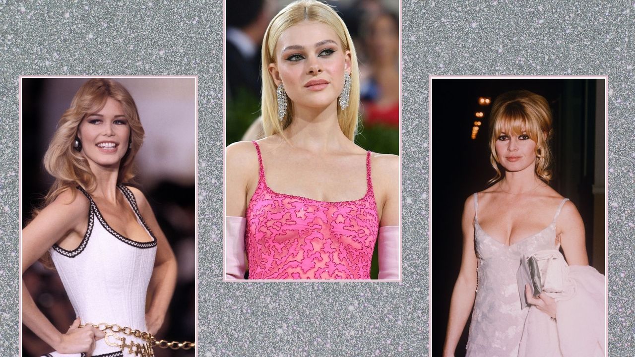 Claudia Schiffer, Nicola Peltz and Brigitte Bardot in a silver glitter template