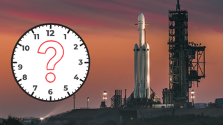 A SpaceX Falcon Heavy rocket on the launch pad with a clock superimposed in the foreground.