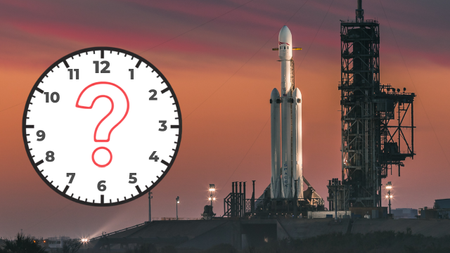A SpaceX Falcon Heavy rocket on the launch pad with a clock superimposed in the foreground.
