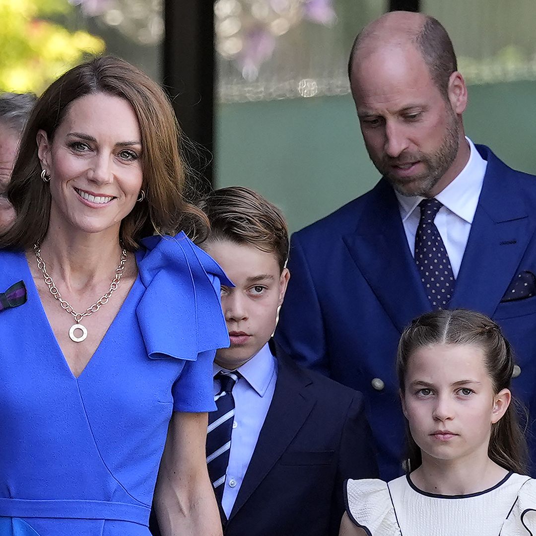 Britain&#039;s Catherine, Princess of Wales (L), Britain&#039;s Princess Charlotte of Wales (front R), Britain&#039;s Prince George of Wales (C) and Britain&#039;s Prince William, Prince of Wales (rear R) arrive to attend the men&#039;s singles final tennis match between Italy&#039;s Jannik Sinner and Spain&#039;s Carlos Alcaraz on the fourteenth day of the 2025 Wimbledon Championships at The All England Lawn Tennis and Croquet Club in Wimbledon, southwest London, on July 13, 2025. (Photo by Andrew Matthews / POOL / AFP) / RESTRICTED TO EDITORIAL USE (Photo by ANDREW MATTHEWS/POOL/AFP via Getty Images)