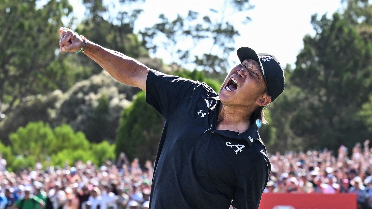Anthony Kim punches the air and screams in delight after winning LIV Golf Adelaide 2026