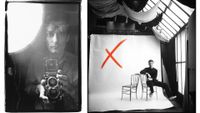 Left: A close-up self-portrait of Richard Avedon grinning broadly, both hands pressed against his temples, the image slightly soft-focused and full of manic energy. Right: A young man in black sits casually across two ornate chairs before a white studio backdrop marked with a large red painted X.