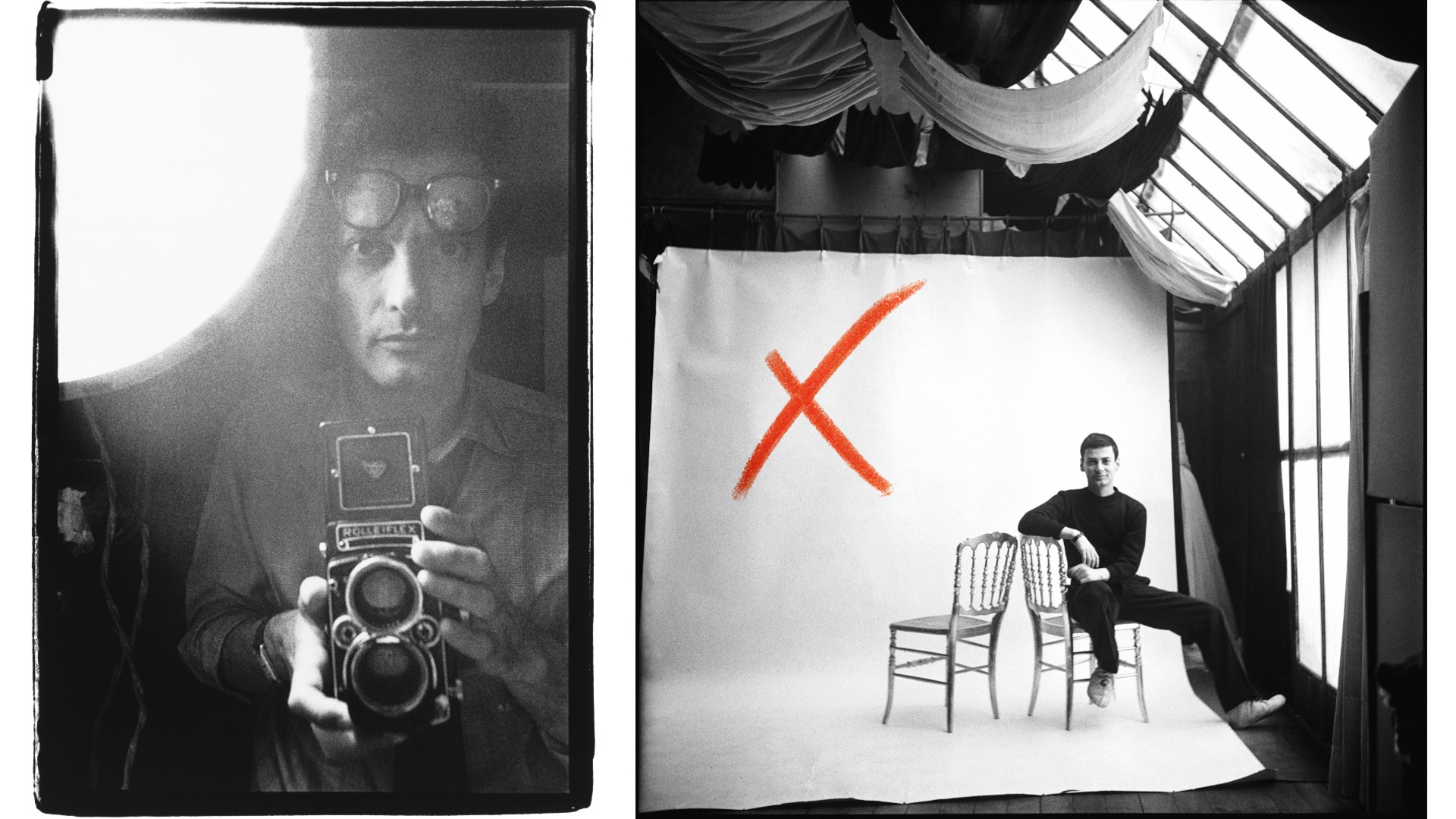 Left: A close-up self-portrait of Richard Avedon grinning broadly, both hands pressed against his temples, the image slightly soft-focused and full of manic energy. Right: A young man in black sits casually across two ornate chairs before a white studio backdrop marked with a large red painted X.