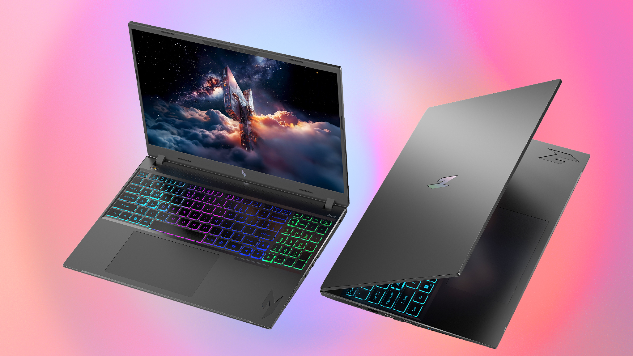 Two Acer Nitro V 16 AI gaming laptops, one open and the other with the lid mostly closed.