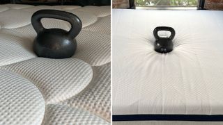 A weight resting on the surface of the DreamCloud mattress (left) and a weight resting on the surface of the Helix Midnight mattress (right)