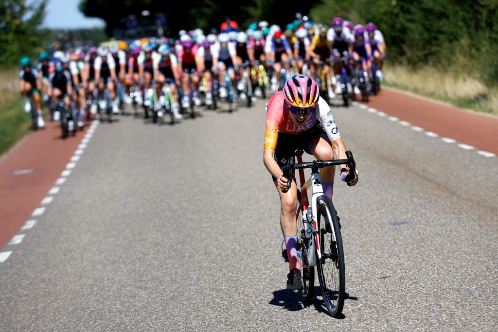 GENNEP NETHERLANDS SEPTEMBER 01 Sophie Wright of United Kingdom and UAE Team Adq attacks during the 25th Simac Ladies Tour 2022 Stage 3 a 1391km stage from Gennep to Gennep SLT2022 UCIWWT on September 01 2022 in Gennep Netherlands Photo by Bas CzerwinskiGetty Images