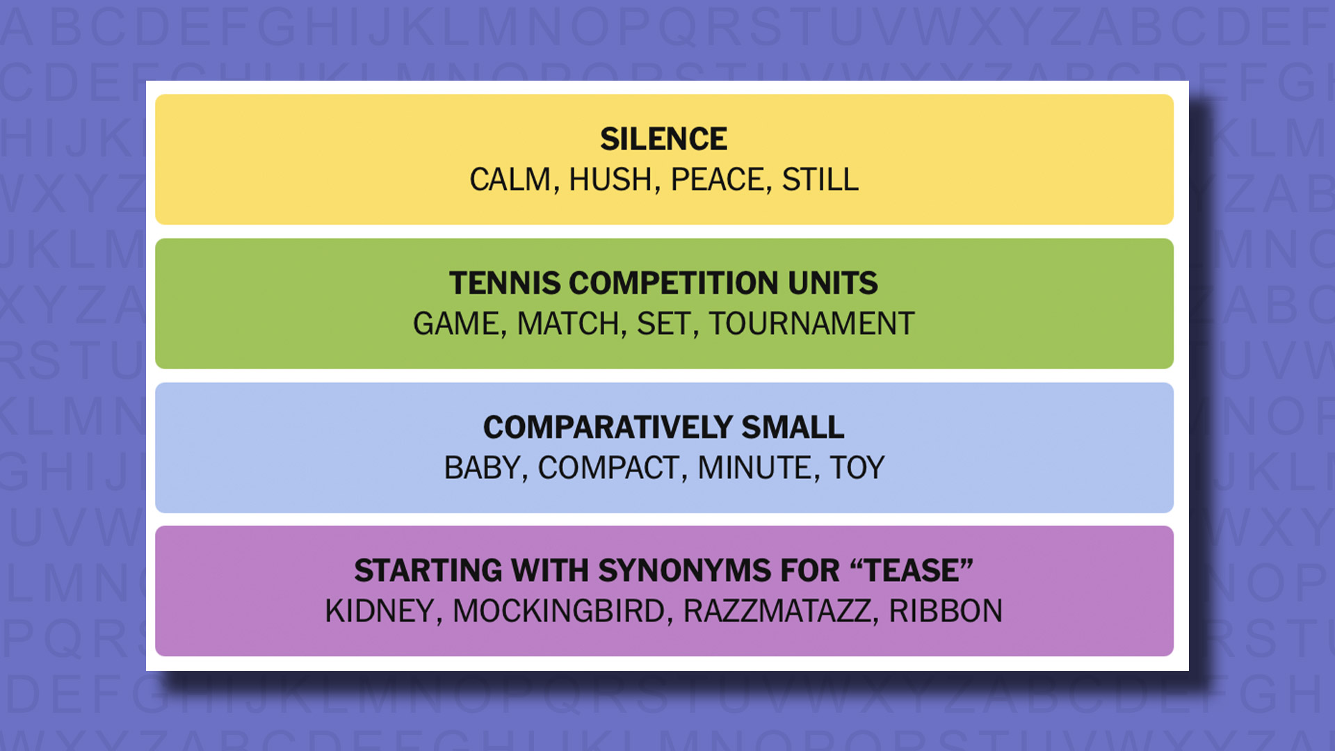 NYT Connections answers for game 695 on a purple background