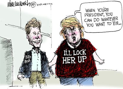 Political cartoon U.S. 2016 election Donald Trump Billy Bush lewd audio