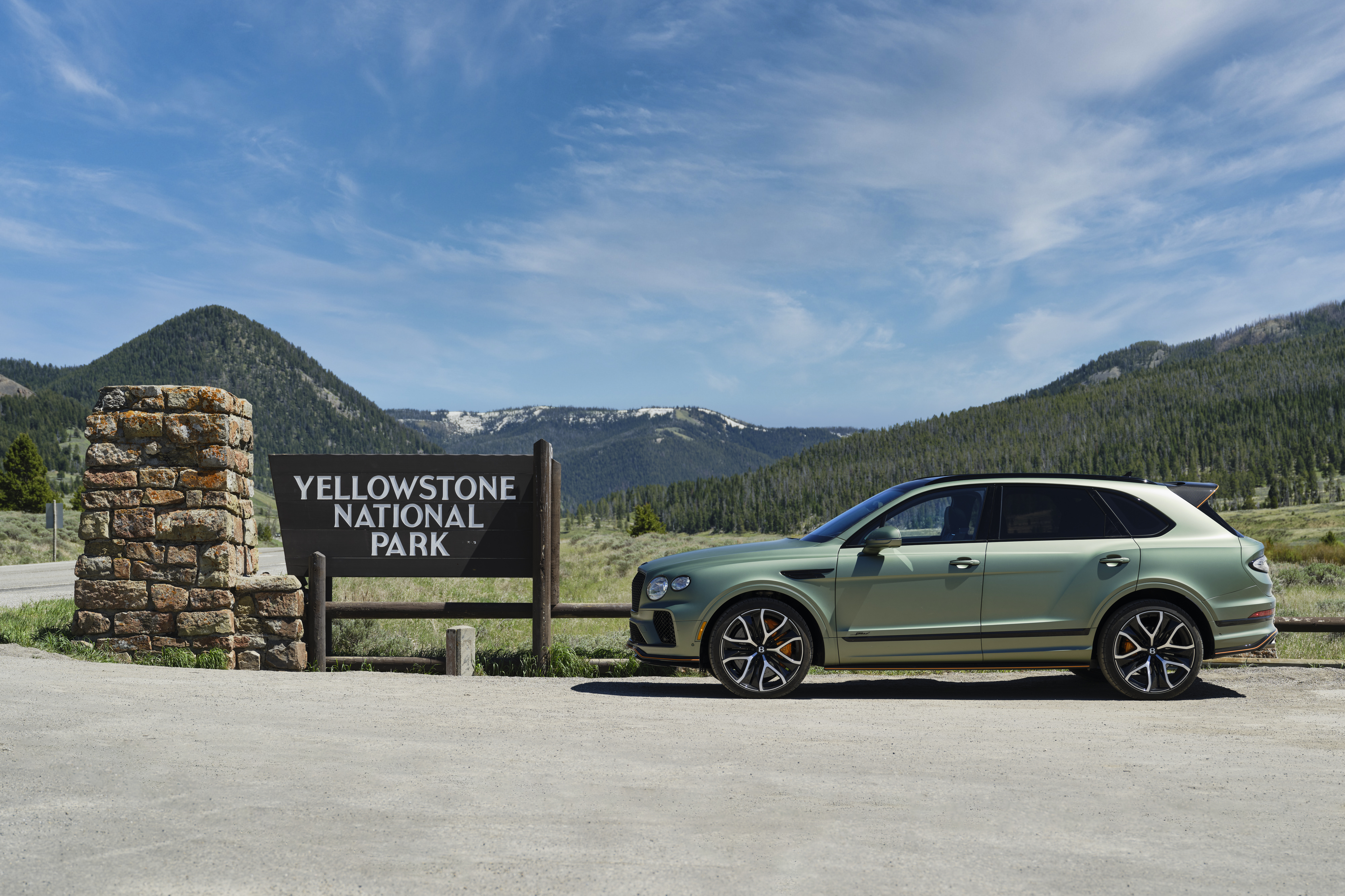 Detail of the Bentley Bentayga, in Alpine satin green, in Yellowstone National Park