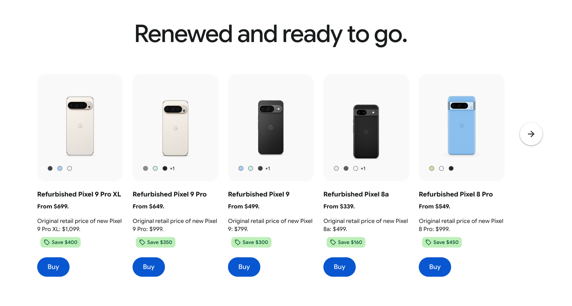 Google store showing certified refurbished Pixel 9 series