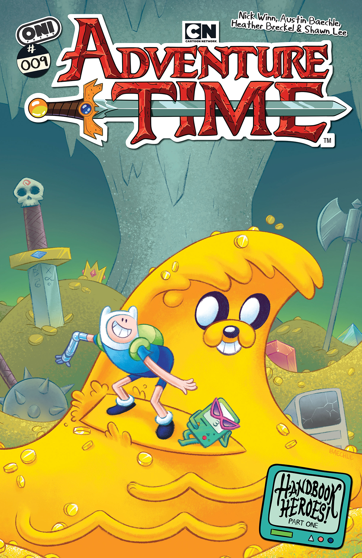 Finn surfing on Jake, who is mutated into a wave