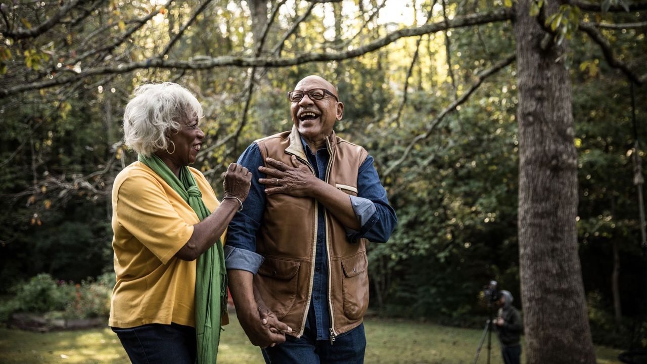 A happy older couple walks through the woods sharing a joke. The woman wears a yellow cardigan and a green scarf, the man wears a blue shirt under a brown gillet. They are holding hands.