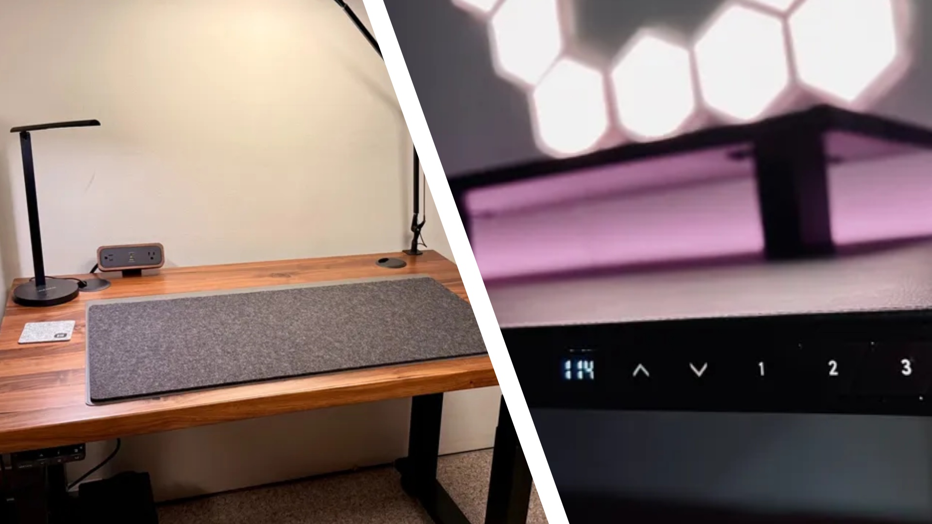 The Uplift 4-leg and Secretlab Magnus Pro standing desks on a split-screen during our tests in a home office