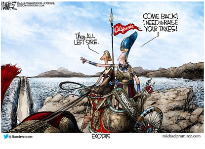 Political Cartoon U.S. California exodus Gavin Newsom taxes