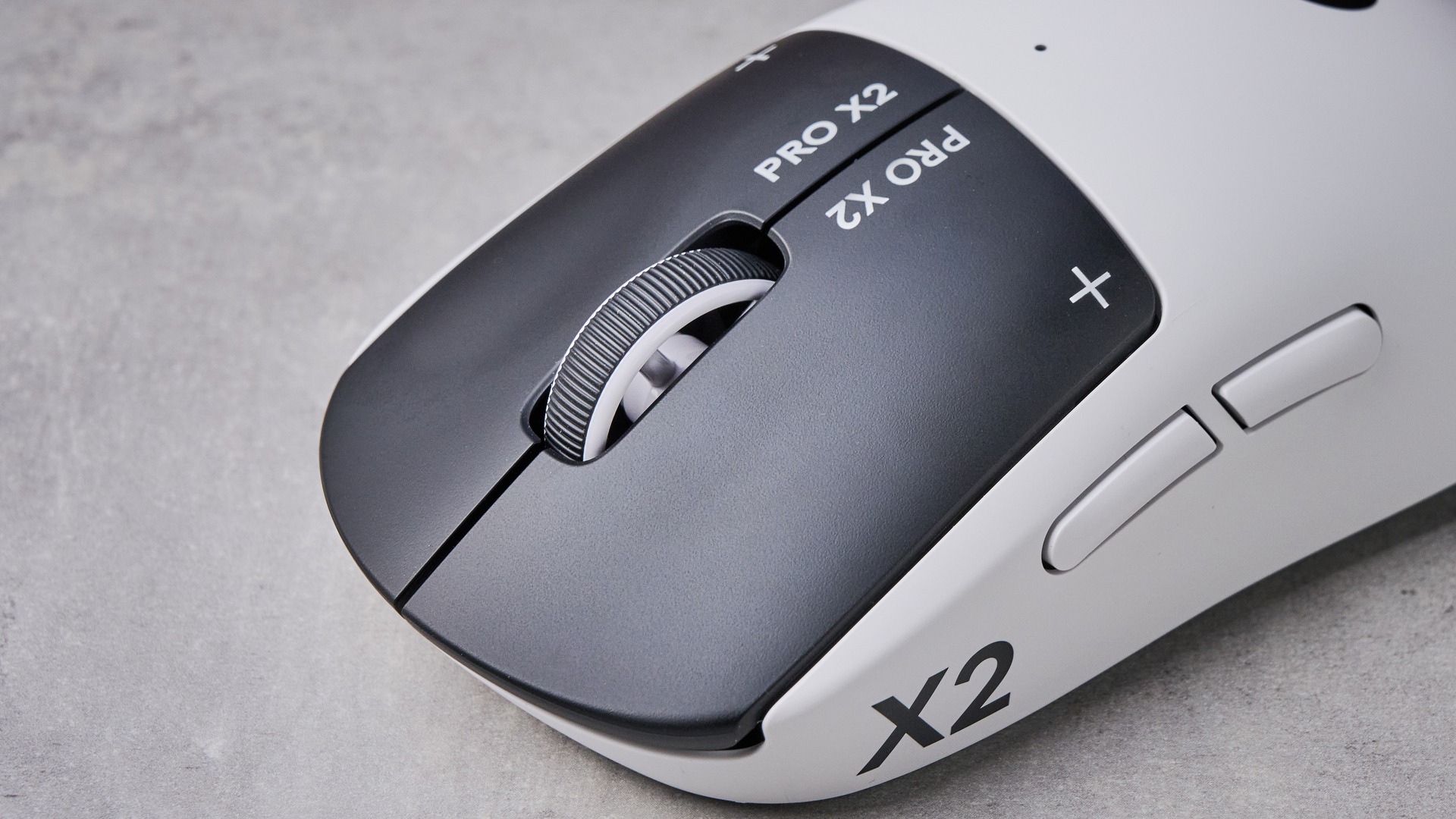 Close-up of mouse buttons and scroll wheel on Logitech G Pro X2 Superstrike