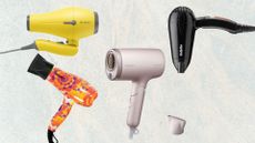 A selection of travel hair dryers by Amika, Panasonic, Babyliss and Drybar, pictured on a blue and white grainy background