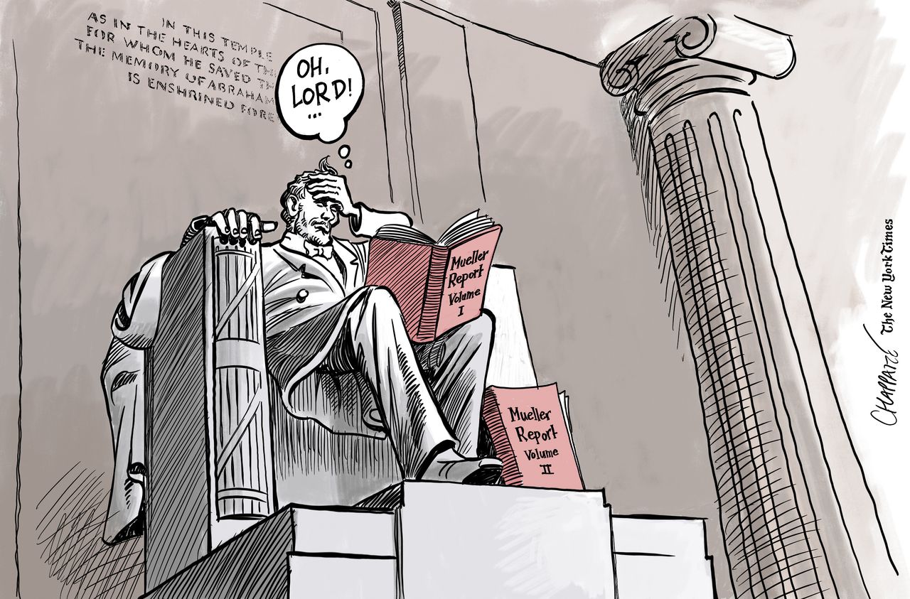 Political Cartoon U.S. Lincoln statue reading Mueller report