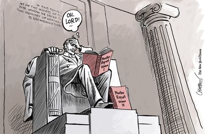 Political Cartoon U.S. Lincoln statue reading Mueller report
