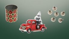 walmart christmas decor picks including a tin can, red car and ornaments on a green background
