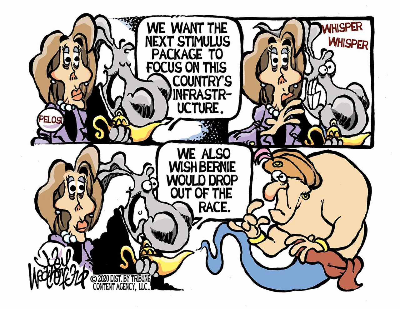 Political Cartoon U.S. Pelosi dems stimulus bill wish drop out Bernie