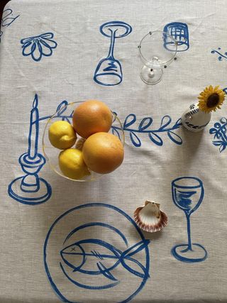 A hand-painted tablecloth