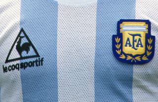 A close-up of Argentina's Le Coq Sportif home shirt at the 1986 World Cup