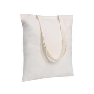 A beige rectangular cotton bag with a handle hanging from the front of it